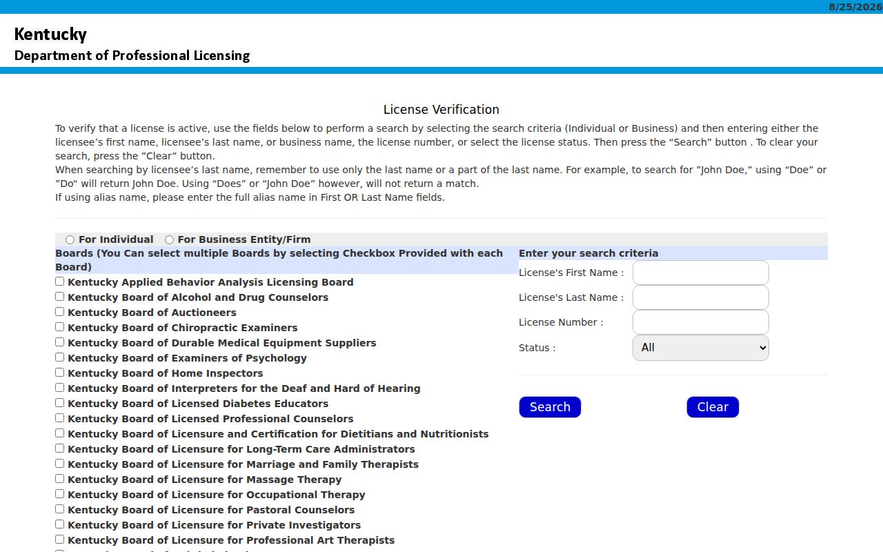 Independence residents directory Kentucky professional license verification