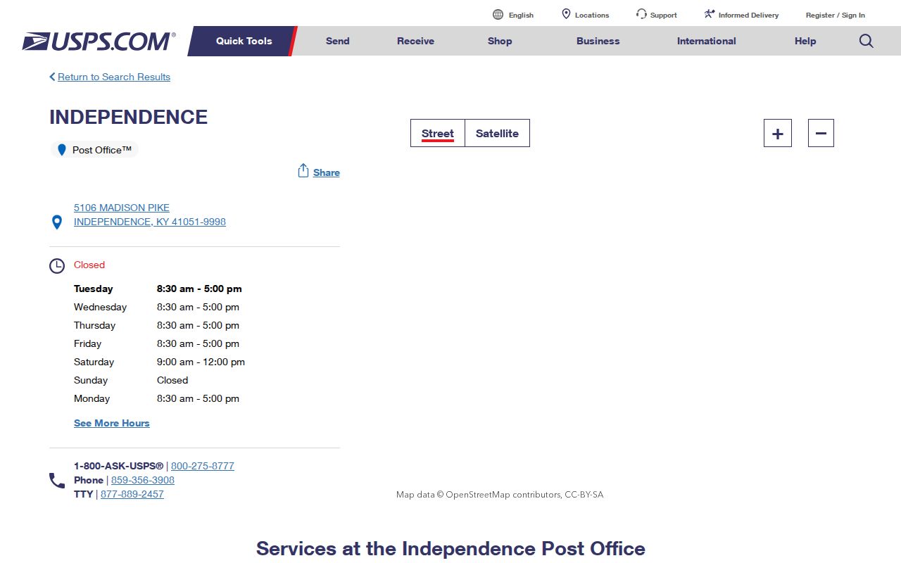 USPS Independence Post Office details for postal area 41051